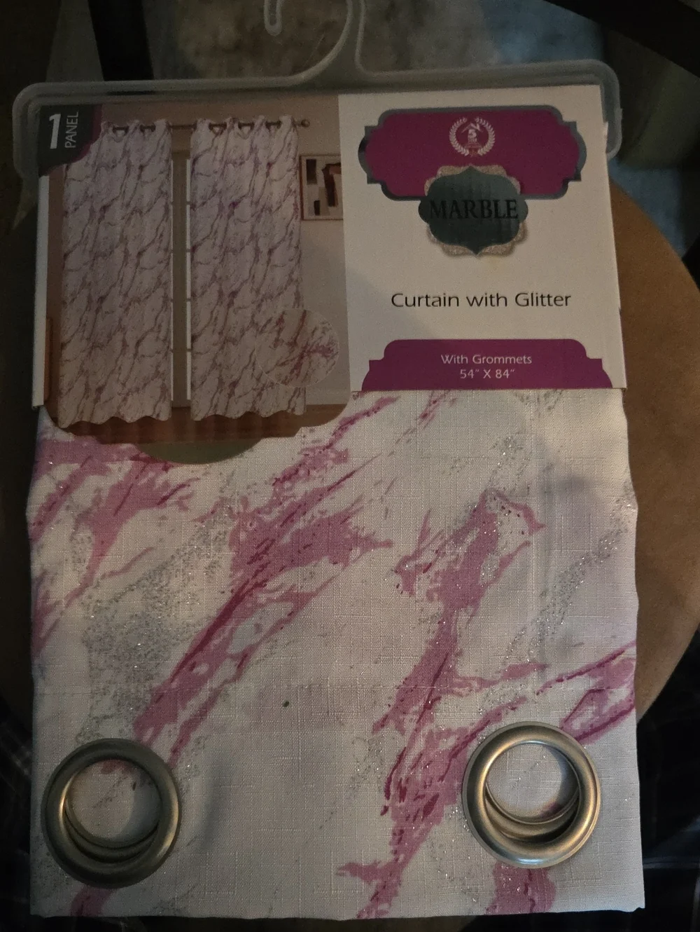 MARBLE Pink and Silver Glitter Marble-Pattern Curtain Panel with Grommets